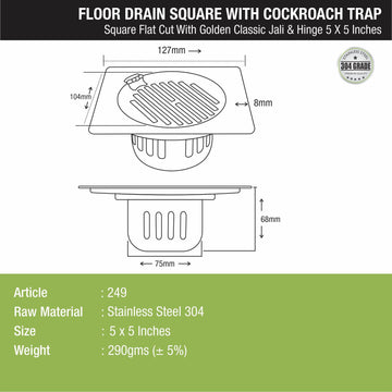 Golden Classic Jali Square Flat Cut Floor Drain (5 x 5 Inches) with Hinge and Cockroach Trap - LIPKA - Lipka Home