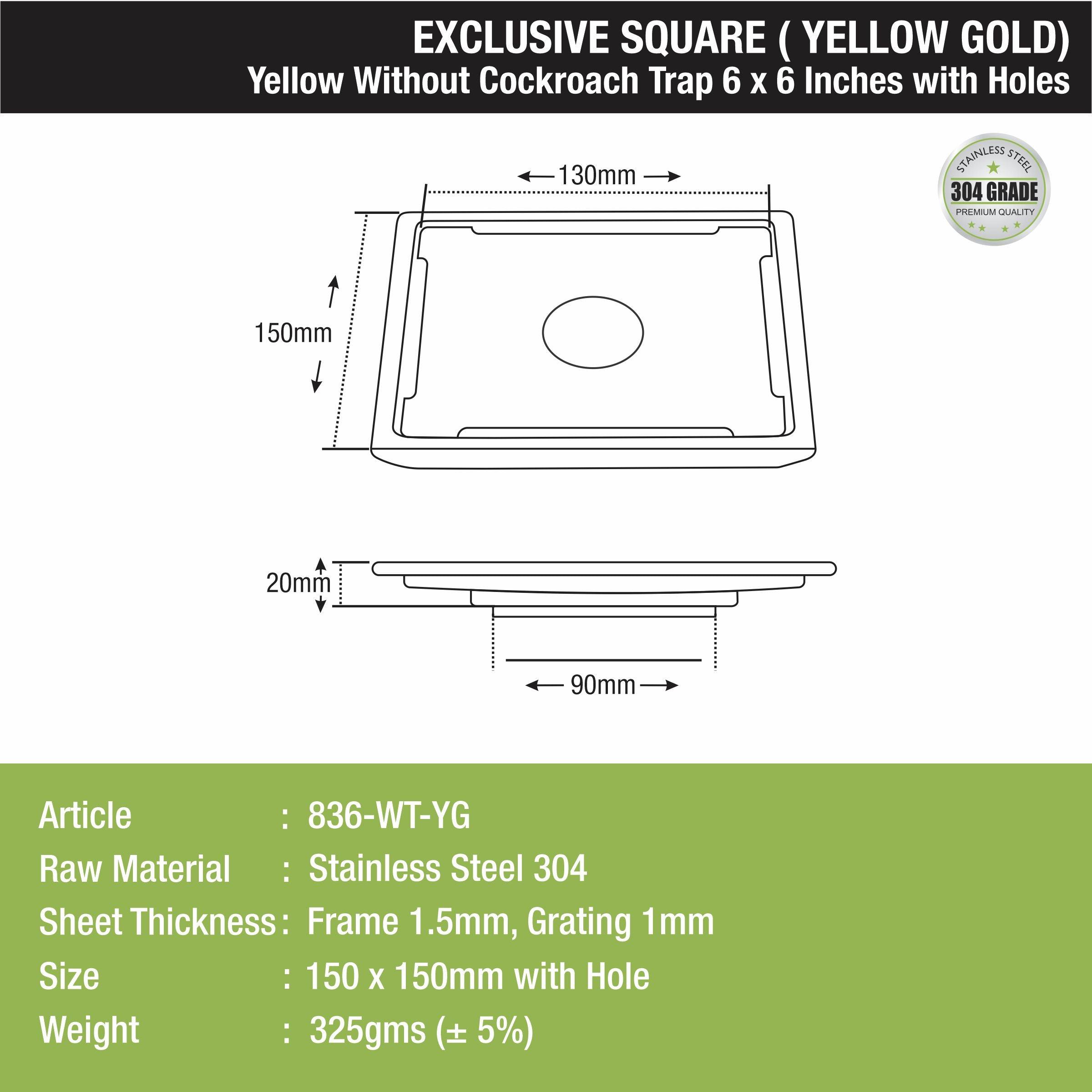 Yellow Exclusive Square Floor Drain in Yellow Gold PVD Coating (6 x 6 Inches) with Hole - LIPKA - Lipka Home