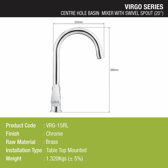 Virgo Centre Hole Basin Mixer Brass Faucet with Round Swivel Spout (20 Inches) - LIPKA - Lipka Home