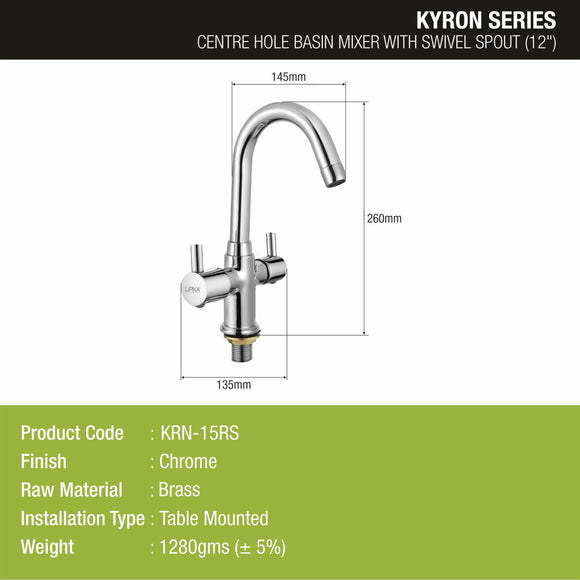 Kyron Centre Hole Basin Mixer Brass Faucet with Round Swivel Spout (12 Inches) - LIPKA - Lipka Home