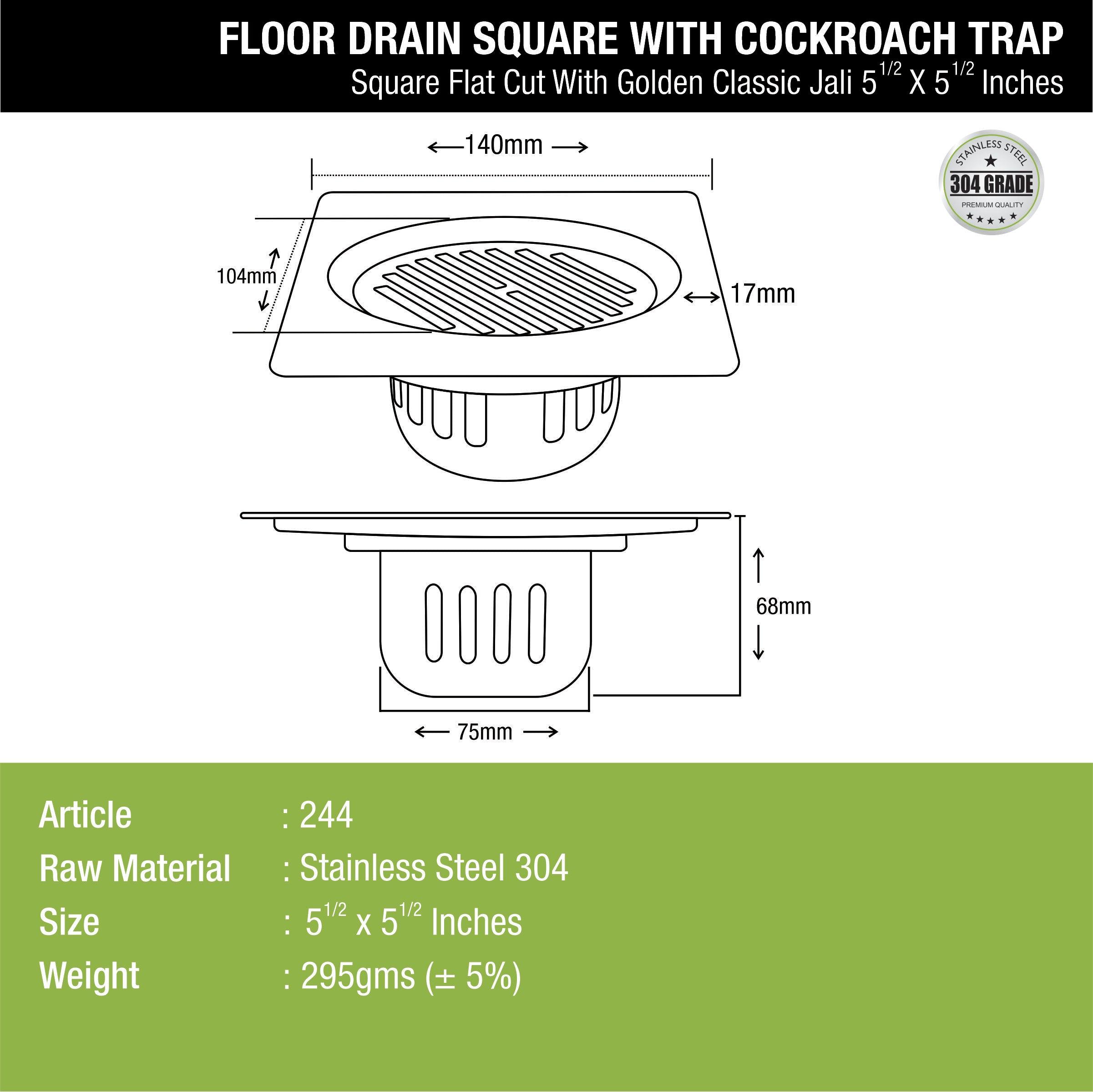 Golden Classic Jali Square Flat Cut Floor Drain (5.5 x 5.5 Inches) with Cockroach Trap - LIPKA - Lipka Home