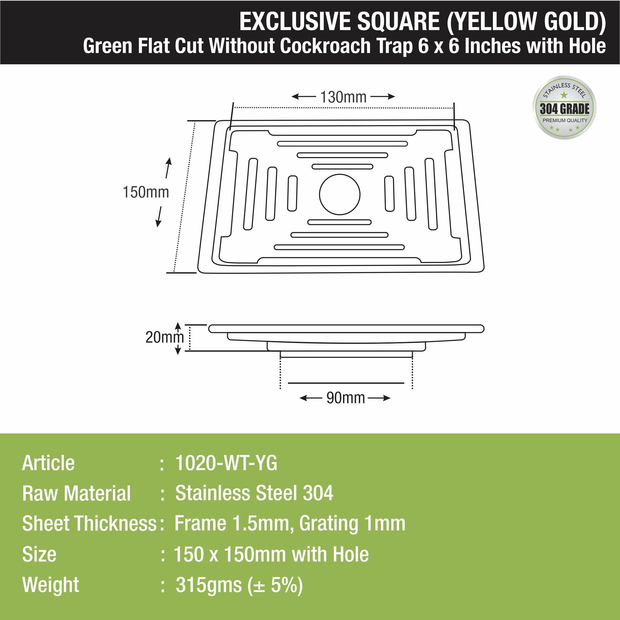 Green Exclusive Square Flat Cut Floor Drain in Yellow Gold PVD Coating (6 x 6 Inches) with Hole - LIPKA - Lipka Home