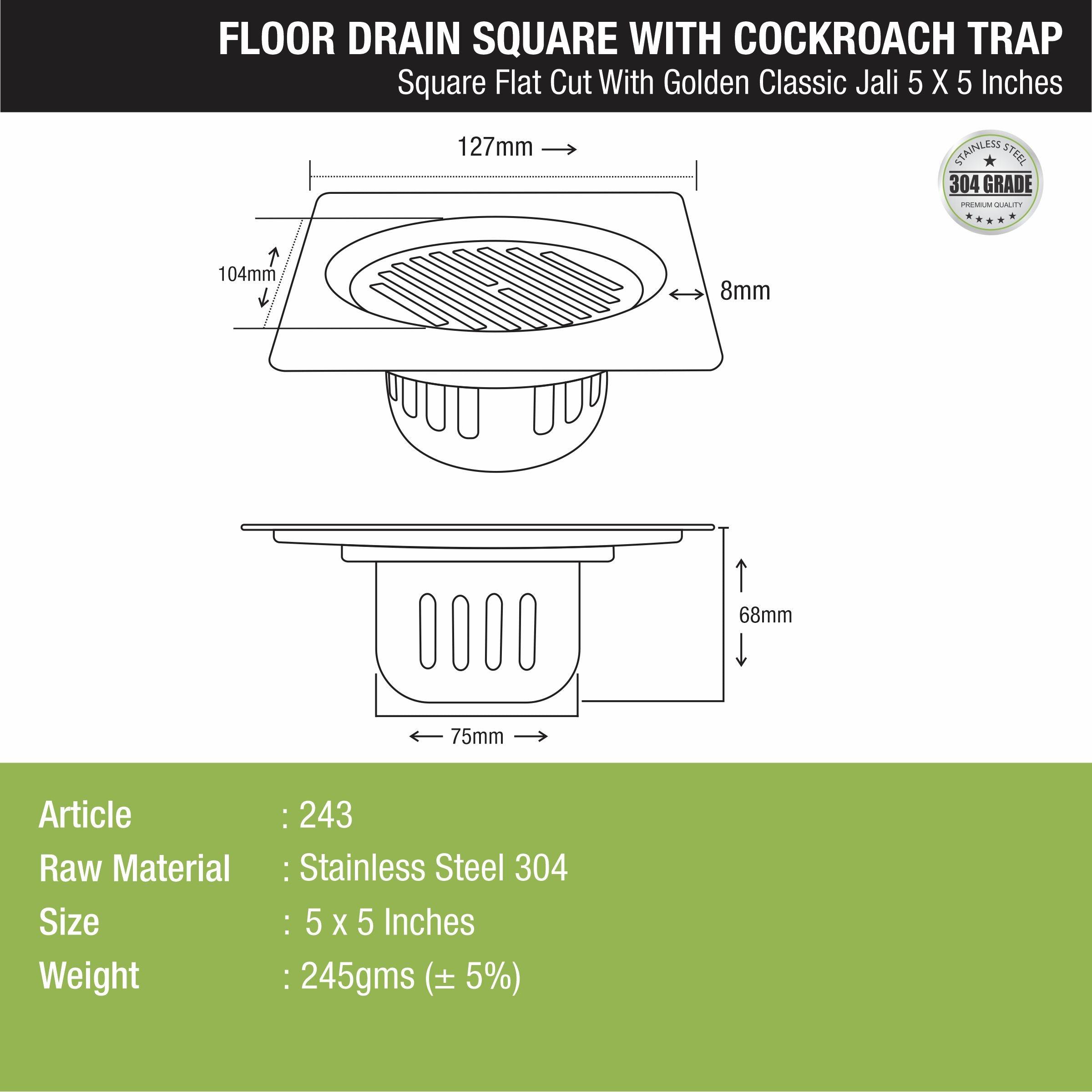 Golden Classic Jali Square Flat Cut Floor Drain (5 x 5 Inches) with Cockroach Trap - LIPKA - Lipka Home