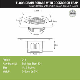Golden Classic Jali Square Flat Cut Floor Drain (5 x 5 Inches) with Cockroach Trap - LIPKA - Lipka Home