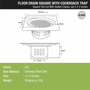 Golden Classic Jali Square Flat Cut Floor Drain (5 x 5 Inches) with Cockroach Trap - LIPKA - Lipka Home