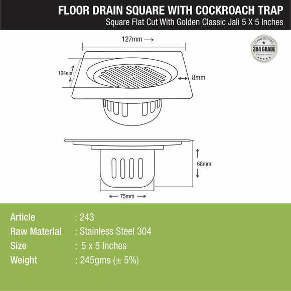 Golden Classic Jali Square Flat Cut Floor Drain (5 x 5 Inches) with Cockroach Trap - LIPKA - Lipka Home
