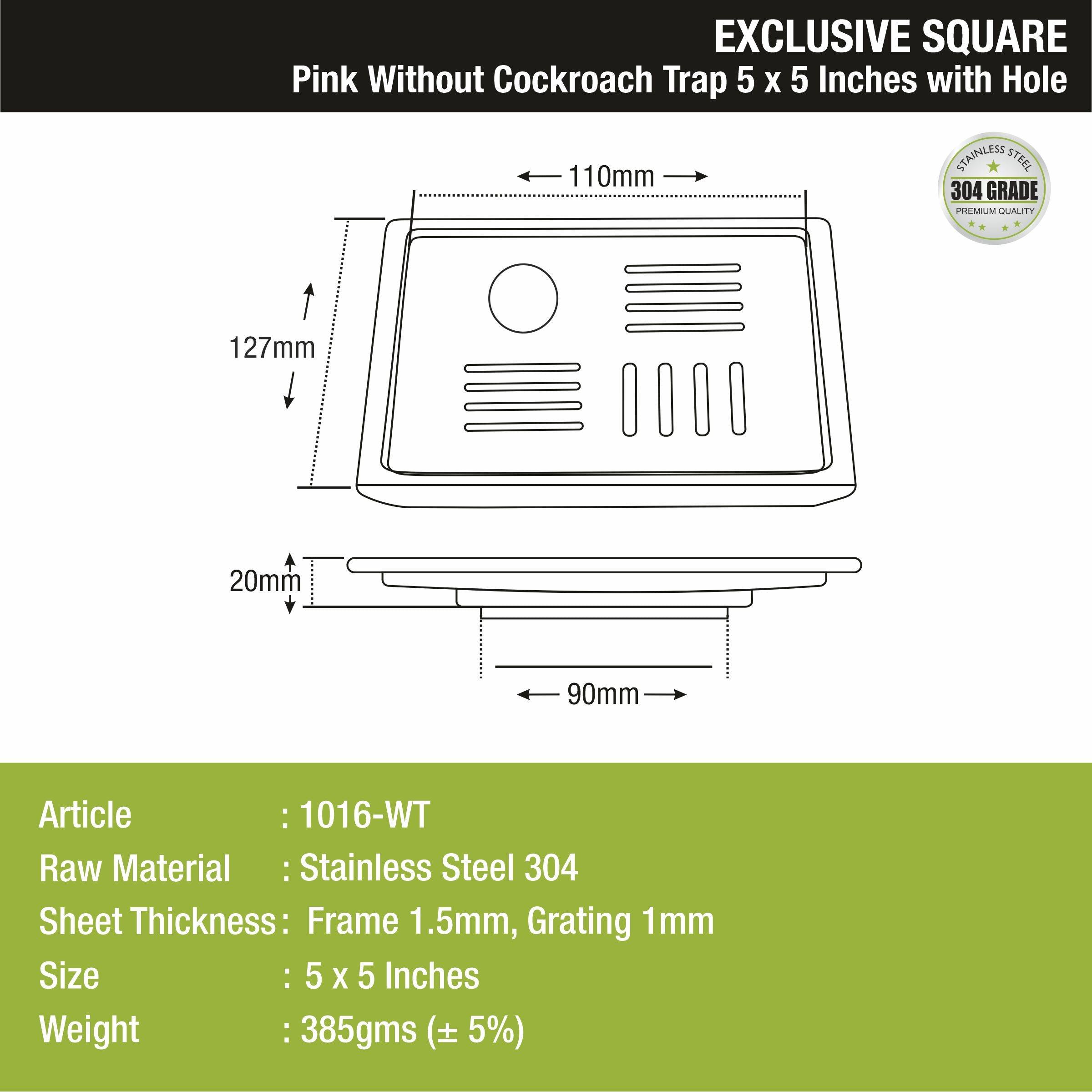 Pink Exclusive Square Floor Drain (5 x 5 Inches) with Hole sizes and dimensions