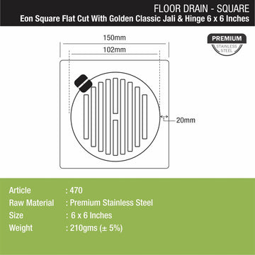 Eon Square Flat Cut Floor Drain with Golden Classic Jali and Hinge (6 x 6 Inches) - LIPKA - Lipka Home