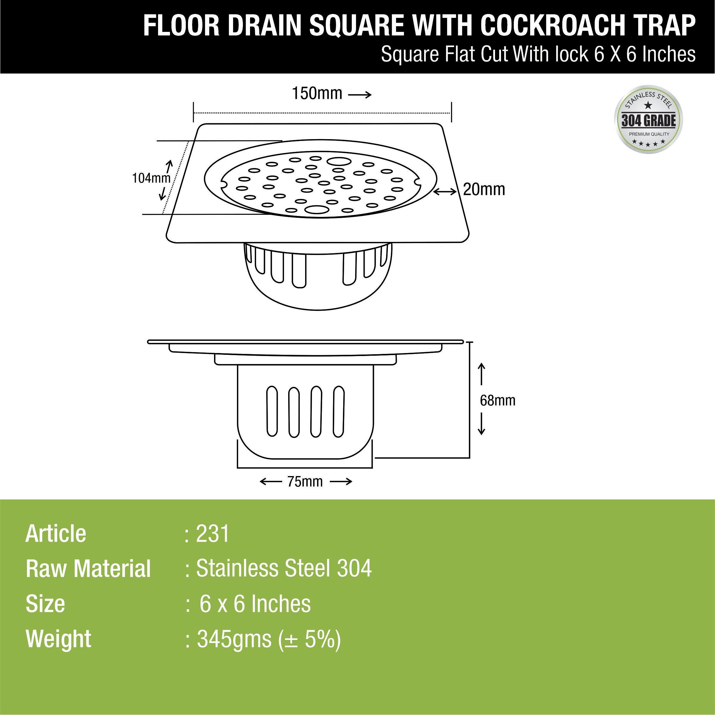 Square Flat Cut Floor Drain (6 x 6 Inches) with Lock and Cockroach Trap - LIPKA - Lipka Home