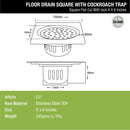 Square Flat Cut Floor Drain (6 x 6 Inches) with Lock and Cockroach Trap - LIPKA - Lipka Home