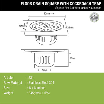 Square Flat Cut Floor Drain (6 x 6 Inches) with Lock and Cockroach Trap - LIPKA - Lipka Home