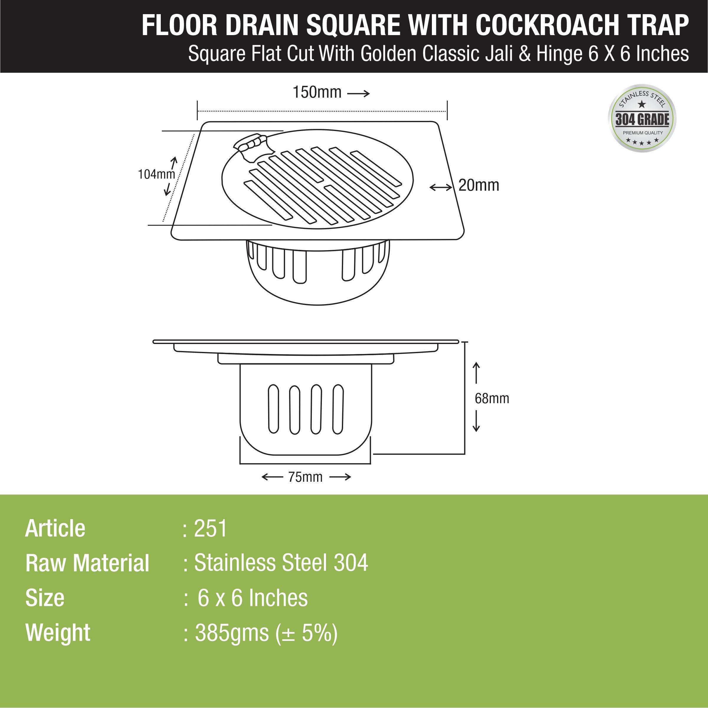 Golden Classic Jali Square Flat Cut Floor Drain (6 x 6 Inches) with Hinge and Cockroach Trap - LIPKA - Lipka Home