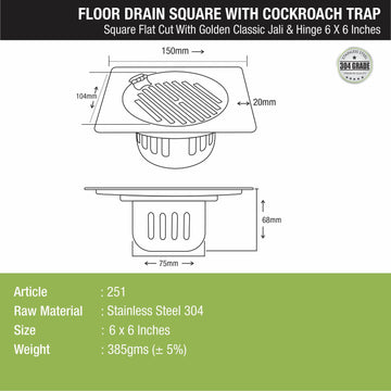 Golden Classic Jali Square Flat Cut Floor Drain (6 x 6 Inches) with Hinge and Cockroach Trap - LIPKA - Lipka Home
