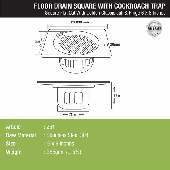 Golden Classic Jali Square Flat Cut Floor Drain (6 x 6 Inches) with Hinge and Cockroach Trap - LIPKA - Lipka Home
