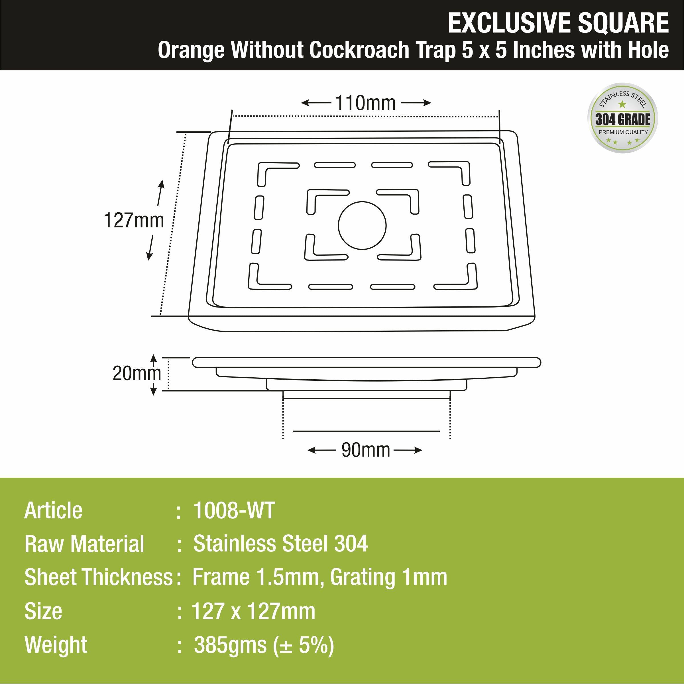 Orange Exclusive Square Floor Drain (5 x 5 Inches) with Hole - LIPKA - Lipka Home