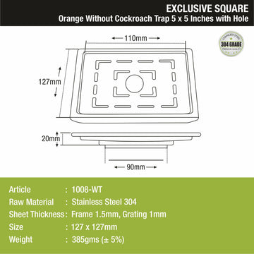 Orange Exclusive Square Floor Drain (5 x 5 Inches) with Hole - LIPKA - Lipka Home