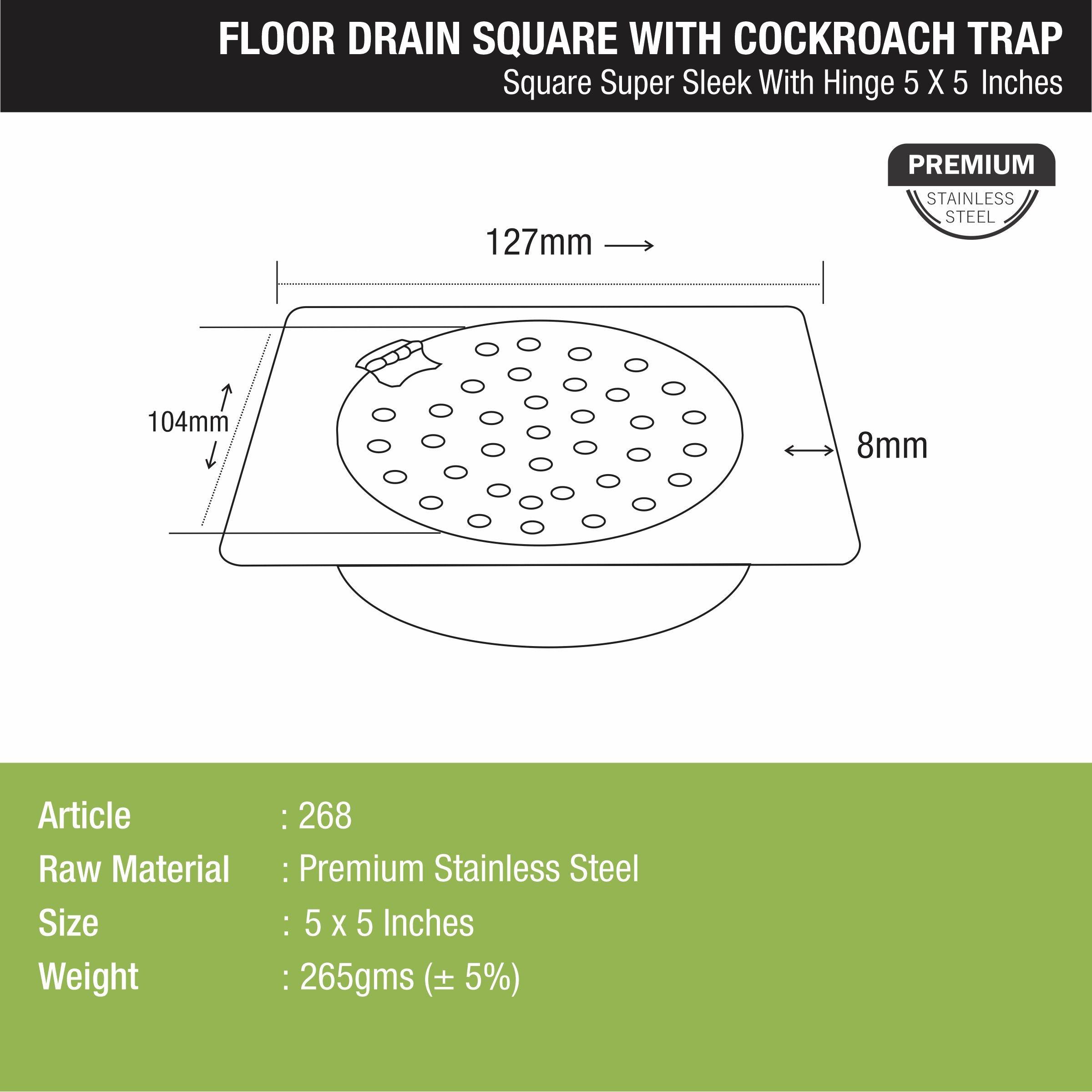 Super Sleek Square Floor Drain (5 x 5 Inches) With Hinge and Cockroach Trap - LIPKA - Lipka Home