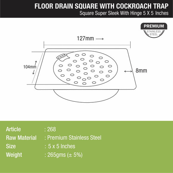 Super Sleek Square Floor Drain (5 x 5 Inches) With Hinge and Cockroach Trap - LIPKA - Lipka Home