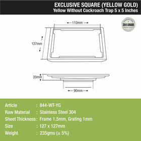 Yellow Exclusive Square Floor Drain in Yellow Gold PVD Coating (5 x 5 Inches) - LIPKA - Lipka Home