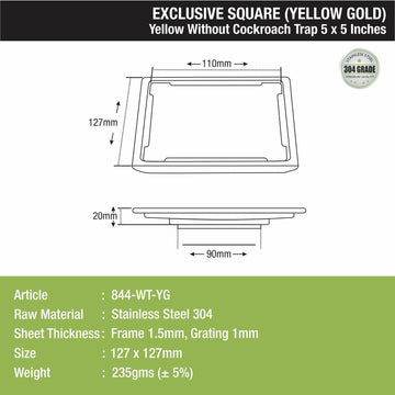 Yellow Exclusive Square Floor Drain in Yellow Gold PVD Coating (5 x 5 Inches) - LIPKA - Lipka Home