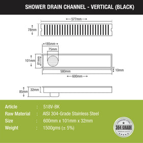 Vertical Shower Drain Channel - Black (24 x 4 Inches) - LIPKA - Lipka Home
