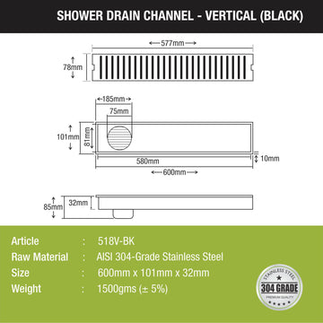 Vertical Shower Drain Channel - Black (24 x 4 Inches) - LIPKA - Lipka Home
