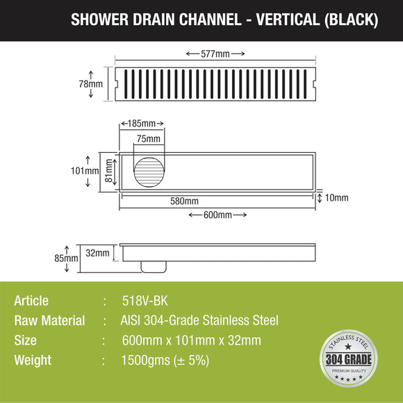 Vertical Shower Drain Channel - Black (24 x 4 Inches) - LIPKA - Lipka Home