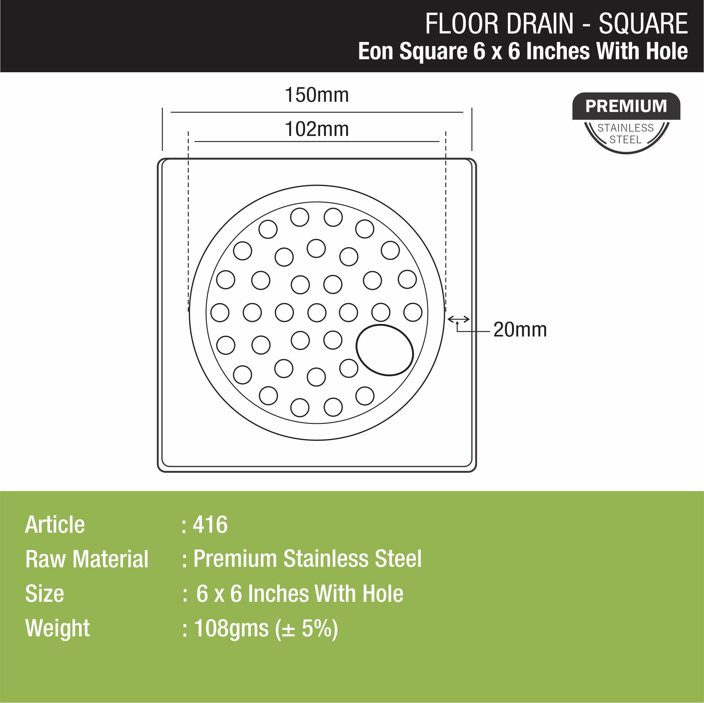 EON Square Floor Drain (6 x 6 Inches) with Hole - LIPKA - Lipka Home