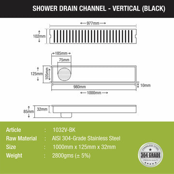 Vertical Shower Drain Channel - Black (40 x 5 Inches) - LIPKA - Lipka Home