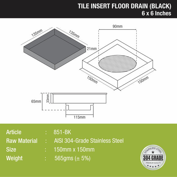 Tile Insert Square Floor Drain - Black (6 x 6 Inches) - LIPKA - Lipka Home