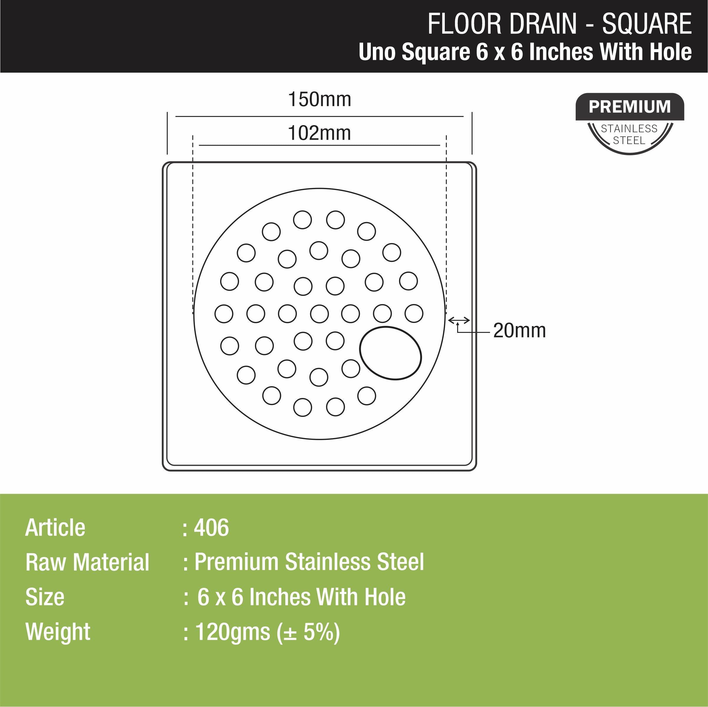 UNO Square Floor Drain (6 x 6 Inches) with Hole - LIPKA - Lipka Home