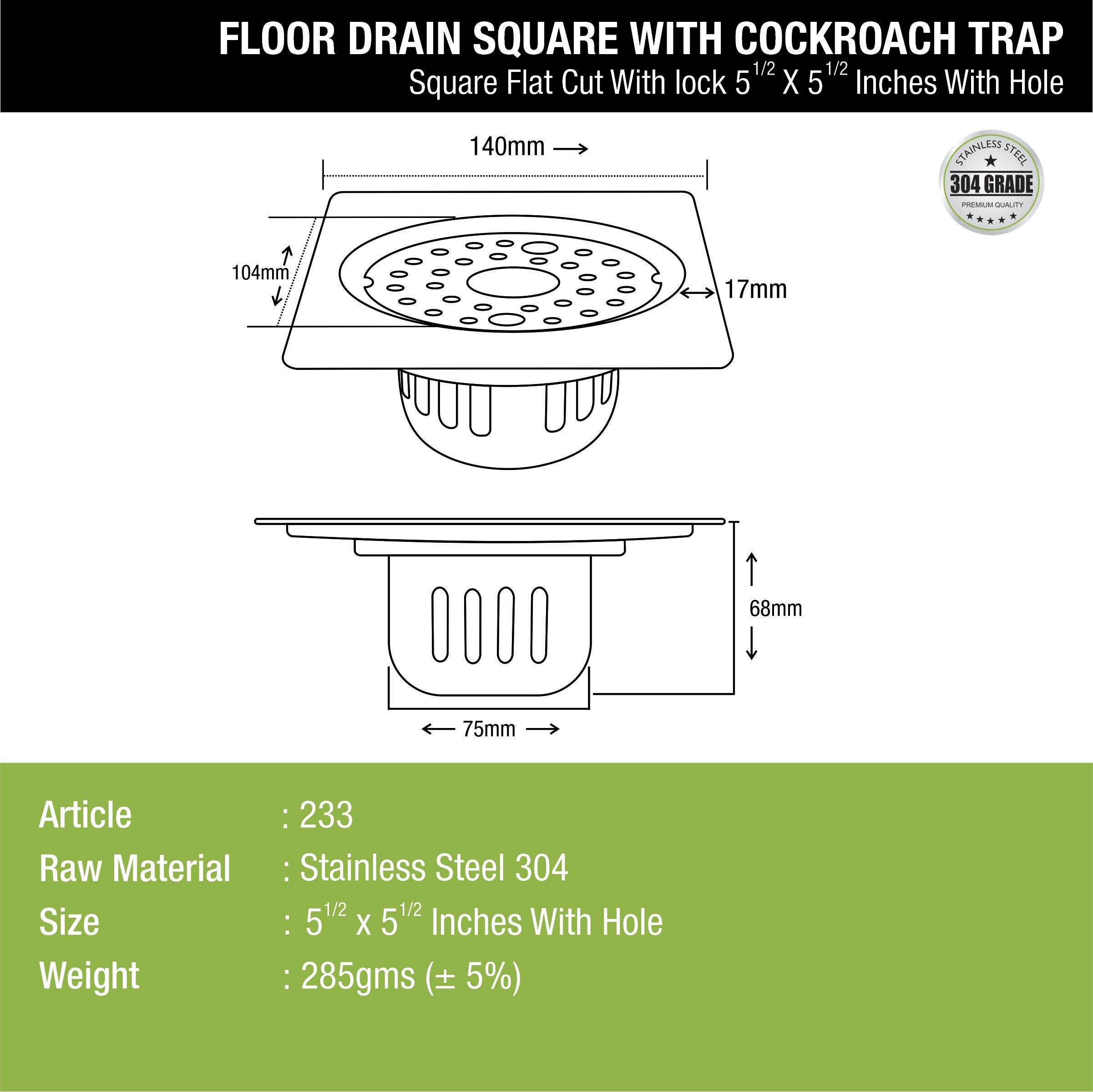 Square Flat Cut Floor Drain (5.5 x 5.5 Inches) with Lock, Hole and Cockroach Trap - LIPKA - Lipka Home