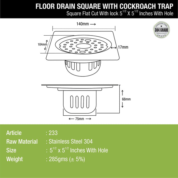 Square Flat Cut Floor Drain (5.5 x 5.5 Inches) with Lock, Hole and Cockroach Trap - LIPKA - Lipka Home