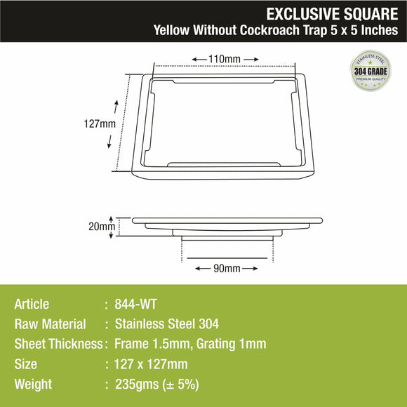 Yellow Exclusive Square Floor Drain (5 x 5 Inches) - LIPKA - Lipka Home