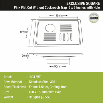 Pink Exclusive Square Flat Cut Floor Drain (6 x 6 Inches) with Hole - LIPKA - Lipka Home