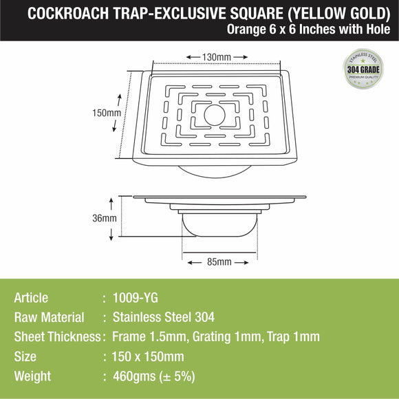 Orange Exclusive Square Floor Drain in Yellow Gold PVD Coating (6 x 6 Inches) with Hole & Cockroach Trap - LIPKA - Lipka Home