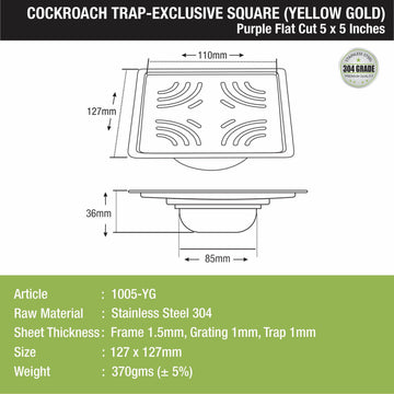 Purple Exclusive Square Flat Cut Floor Drain in Yellow Gold PVD Coating (5 x 5 Inches) with Cockroach Trap - LIPKA - Lipka Home