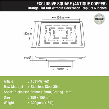Orange Exclusive Square Flat Cut Floor Drain in Antique Copper PVD Coating (6 x 6 Inches) - LIPKA - Lipka Home
