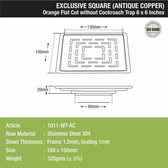 Orange Exclusive Square Flat Cut Floor Drain in Antique Copper PVD Coating (6 x 6 Inches) - LIPKA - Lipka Home
