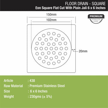 Eon Square Flat Cut Floor Drain with Plain Jali (6 x 6 Inches) - LIPKA - Lipka Home