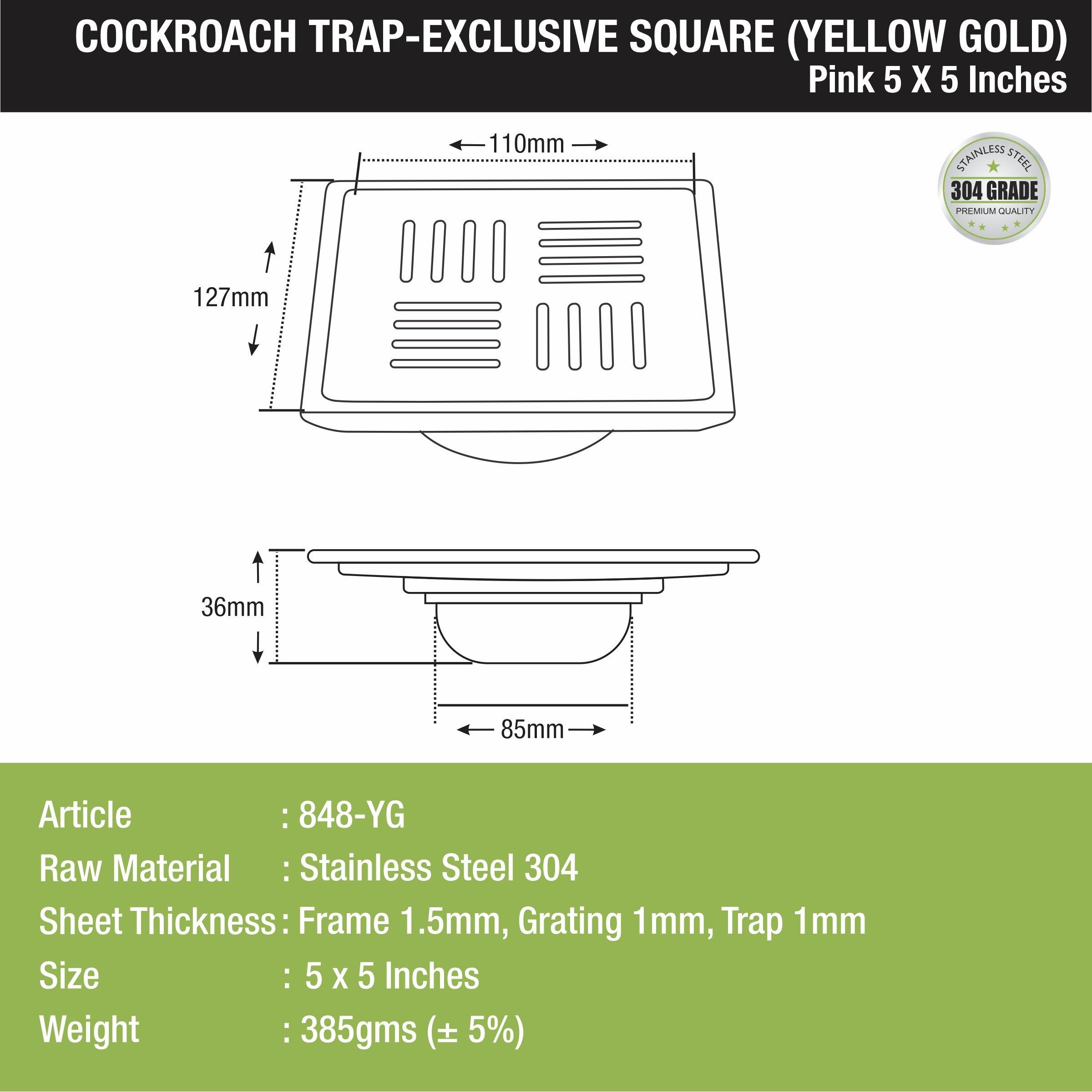 Pink Exclusive Square Floor Drain in Yellow Gold PVD Coating (5 x 5 Inches) with Cockroach Trap - LIPKA - Lipka Home