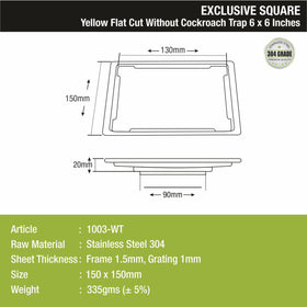 Yellow Exclusive Square Flat Cut Floor Drain (6 x 6 Inches) - LIPKA - Lipka Home