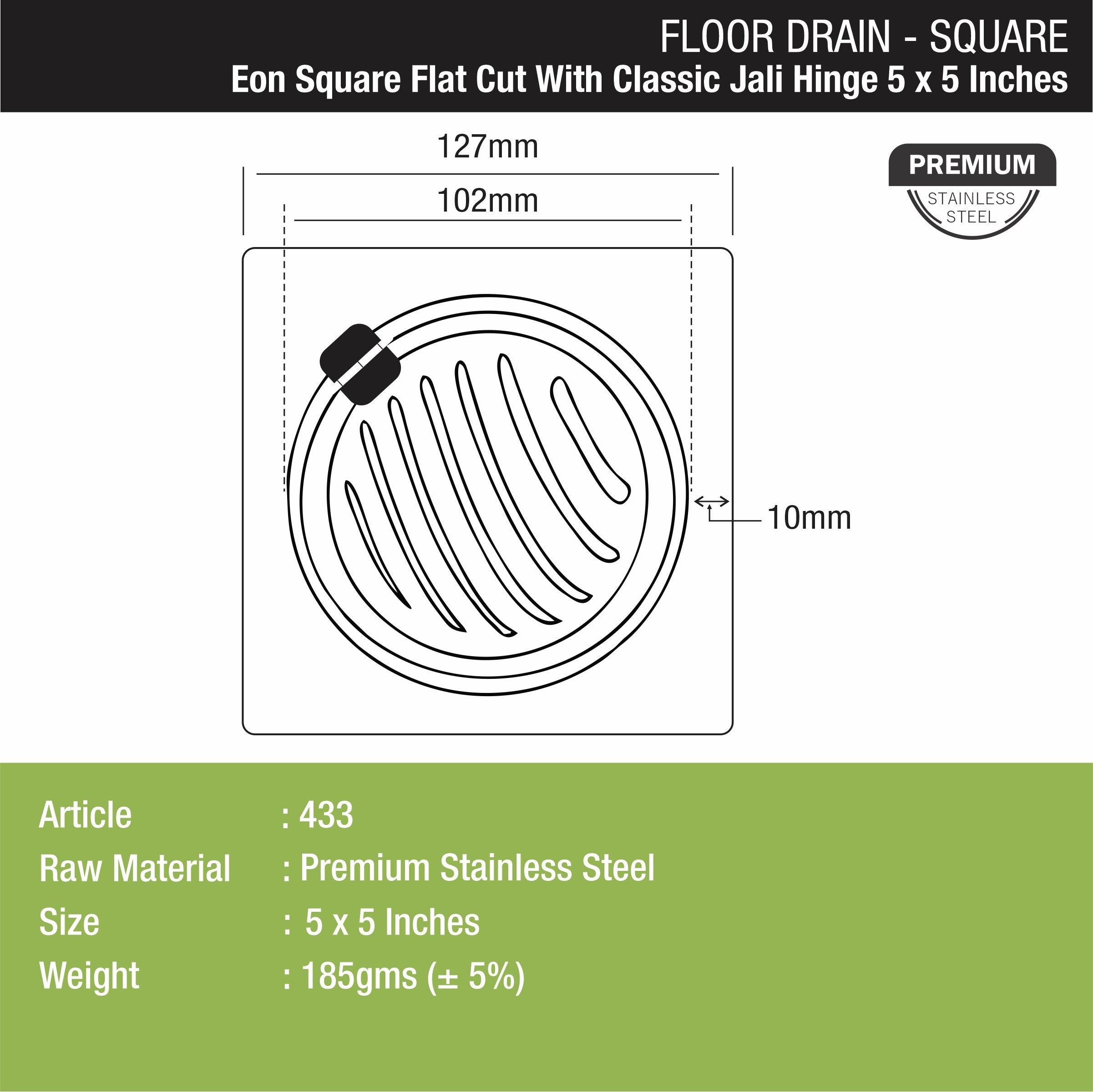 Eon Square Flat Cut Floor Drain with Classic Jali and Hinge (5 x 5 Inches) - LIPKA - Lipka Home