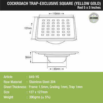 Red Exclusive Square Floor Drain in Yellow Gold PVD Coating (5 x 5 Inches) with Cockroach Trap - LIPKA - Lipka Home