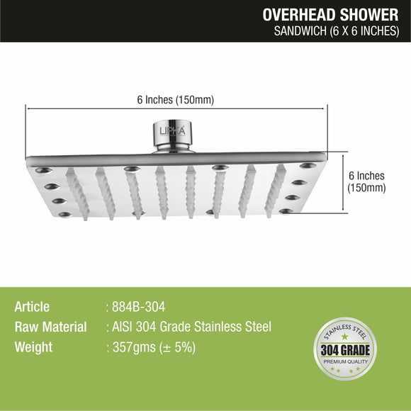 Sandwich 304-Grade Overhead Rain Shower (6 x 6 Inches) - LIPKA - Lipka Home