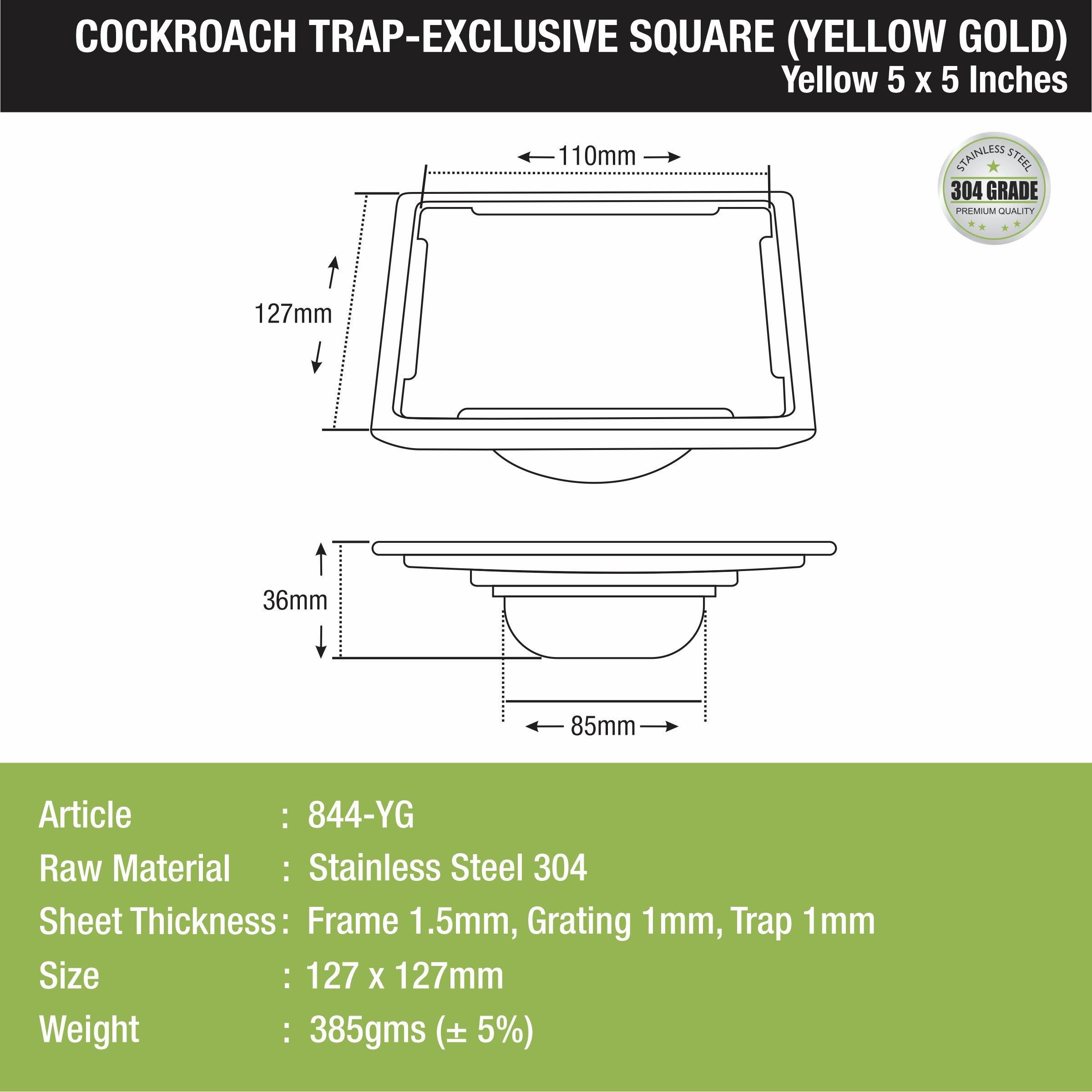 Yellow Exclusive Square Floor Drain in Yellow Gold PVD Coating (5 x 5 Inches) with Cockroach Trap - LIPKA - Lipka Home