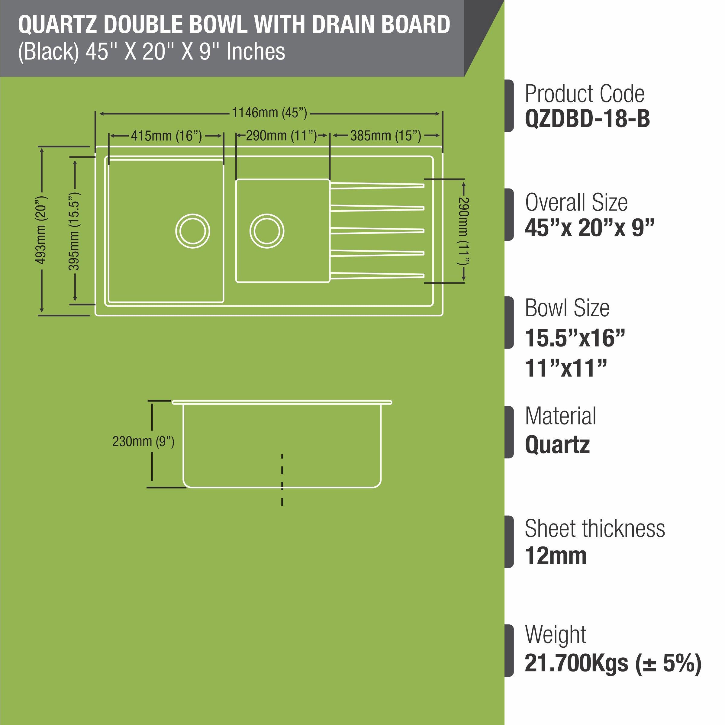 Black Quartz Double Bowl with Drainboard Kitchen Sink (45 x 20 x 9 Inches) - LIPKA - Lipka Home