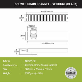 Vertical Shower Drain Channel - Black (24 x 3 Inches) - LIPKA - Lipka Home