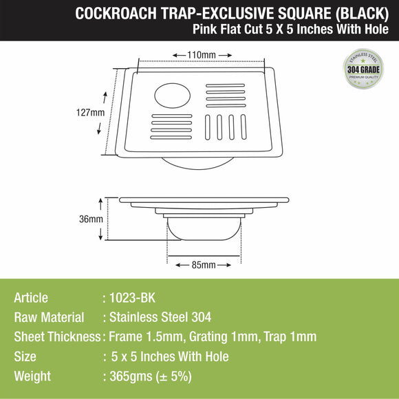 Pink Exclusive Square Flat Cut Floor Drain in Black PVD Coating (5 x 5 Inches) with Hole & Cockroach Trap - LIPKA - Lipka Home