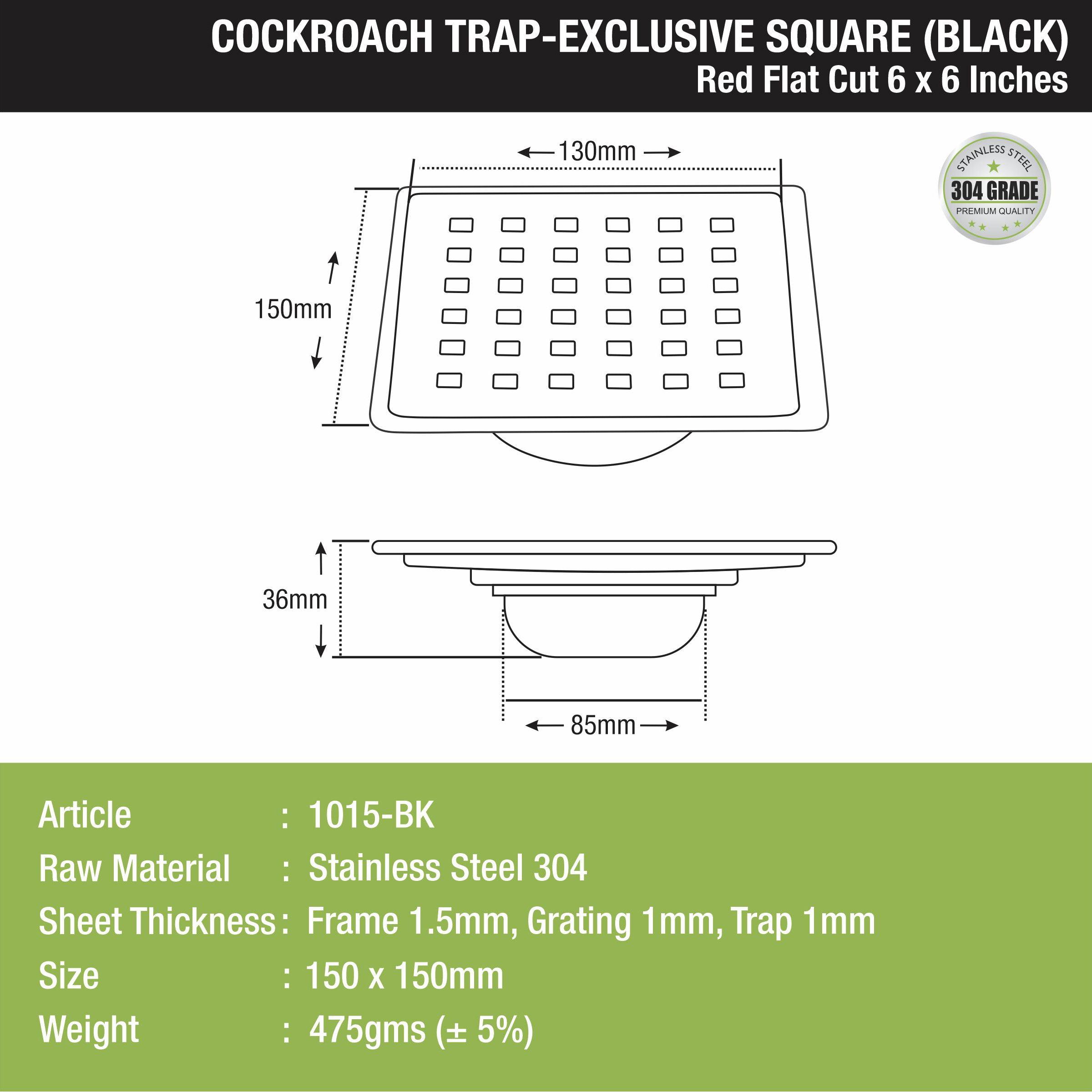 Red Exclusive Square Flat Cut Floor Drain in Black PVD Coating (6 x 6 Inches) with Cockroach Trap - LIPKA - Lipka Home